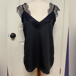 Black tank top with lace detail straps, size medium, satin feel